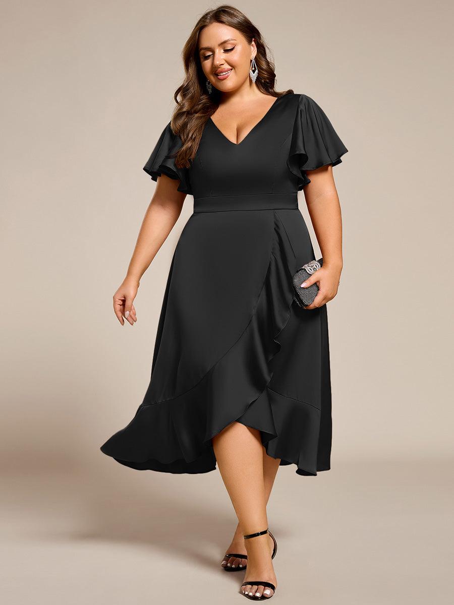 Robe d'invitée de mariage mi-longue en satin avec encolure en V et jupe à volants #Couleur_Noir