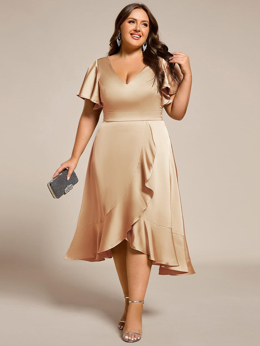 Robe d'invitée de mariage mi-longue en satin avec encolure en V et jupe à volants #Couleur_Charbon