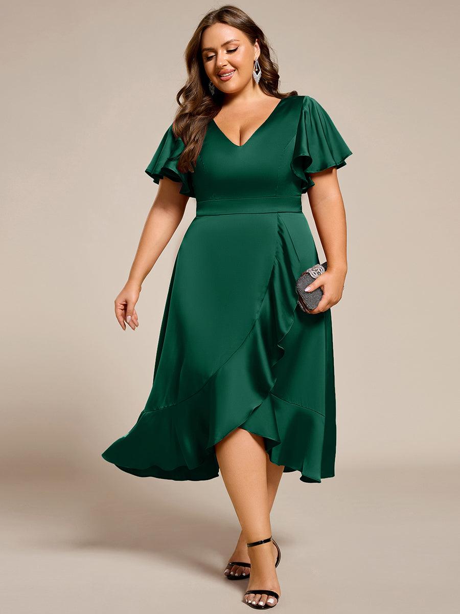 Robe d'invitée de mariage mi-longue en satin avec encolure en V et jupe à volants #Couleur_Vert Fonce