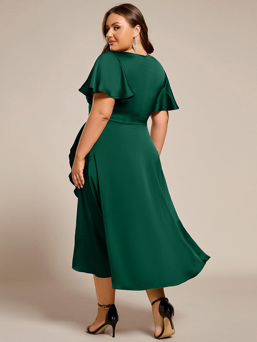 Robe d'invitée de mariage mi-longue en satin avec encolure en V et jupe à volants #Couleur_Vert Fonce