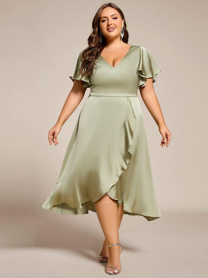 Robe d'invitée de mariage mi-longue en satin avec encolure en V et jupe à volants #Couleur_Menthe Verte