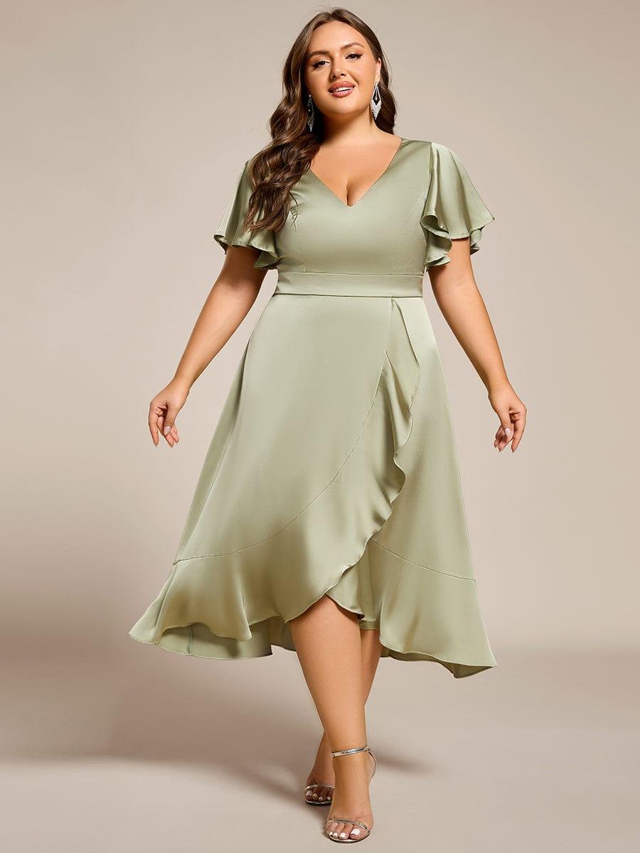 Robe d'invitée de mariage en satin grande taille avec jupe à volants #Couleur_Vert Sauge