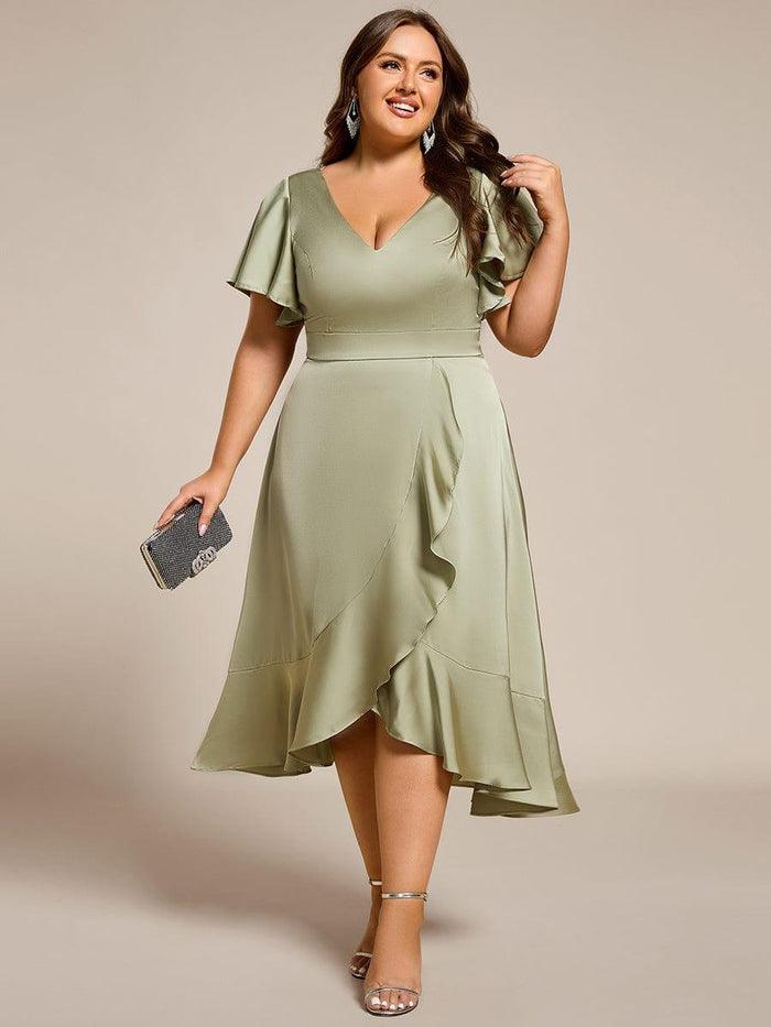 Robe d'invitée de mariage mi-longue en satin avec encolure en V et jupe à volants #Couleur_Menthe Verte