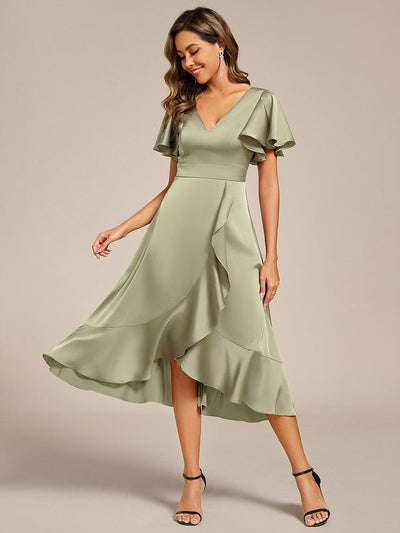 ever SAIGE|Robe d'invitée de mariage mi-longue en satin avec encolure en V et jupe à volants