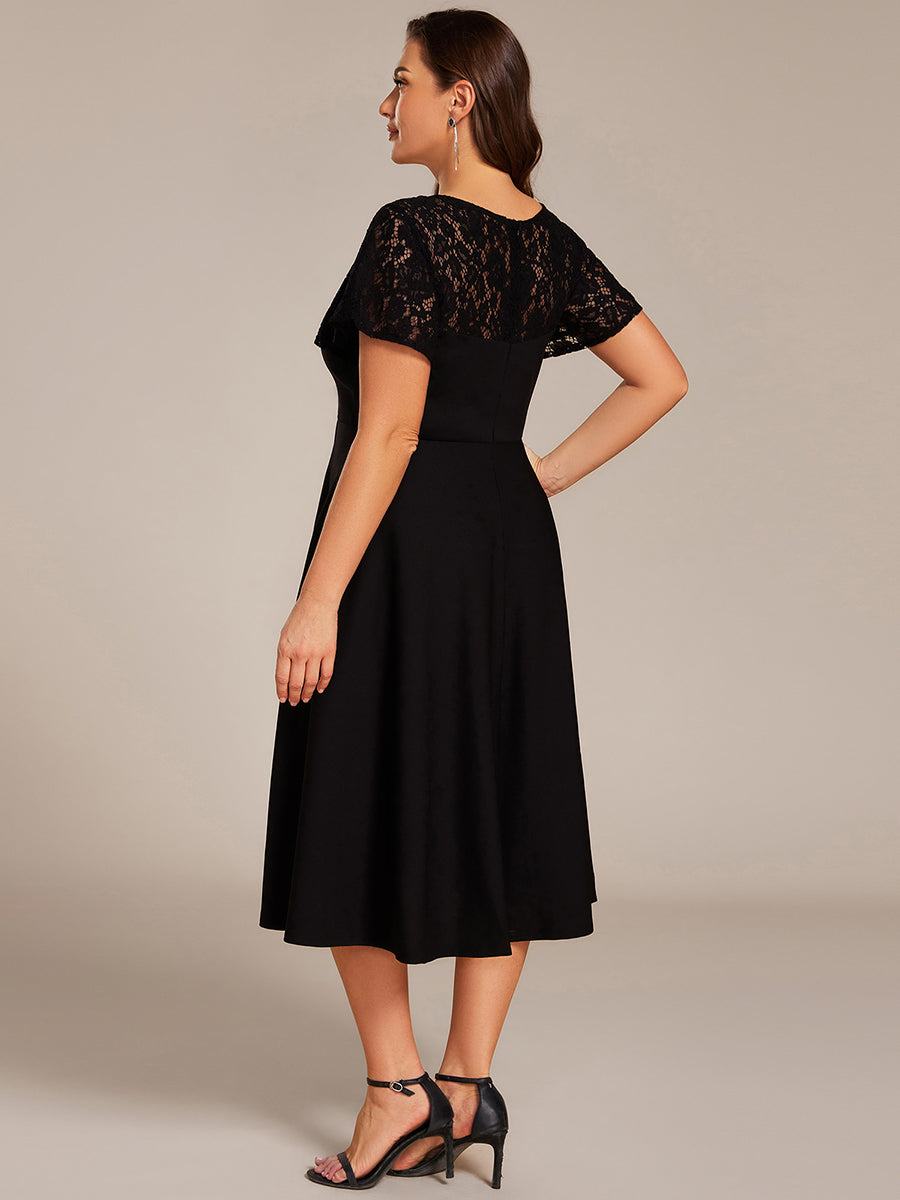 Robe d'invité de mariage mi-longue à col en cœur et manches courtes ajourées avec poches #color_Black