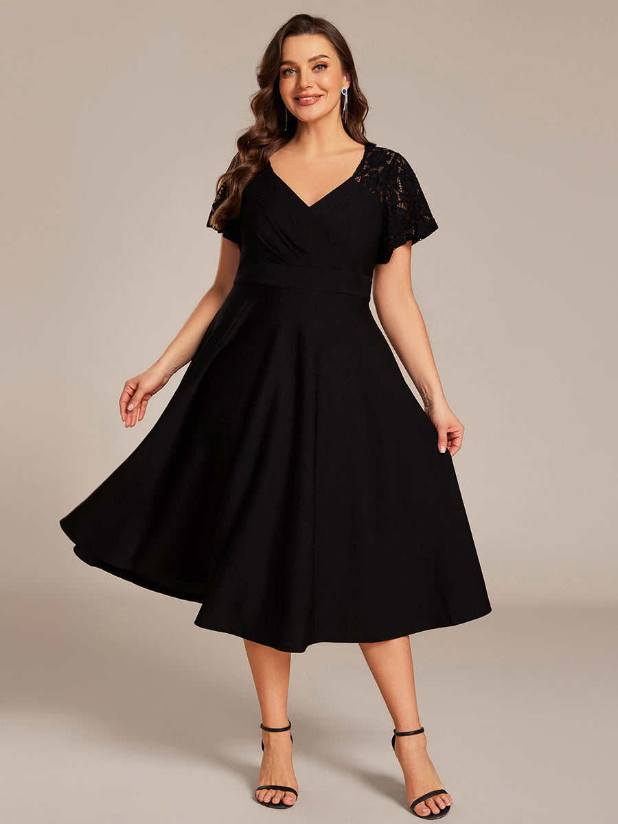 Robe d'invité de mariage mi-longue à col en cœur et manches courtes ajourées avec poches #color_Black