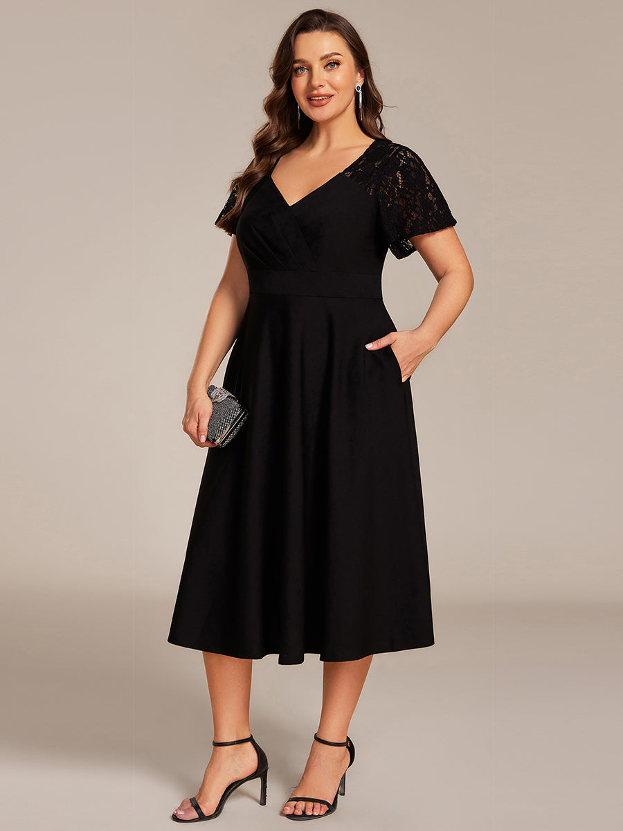 Robe d'invité de mariage mi-longue à col en cœur et manches courtes ajourées avec poches #color_Black