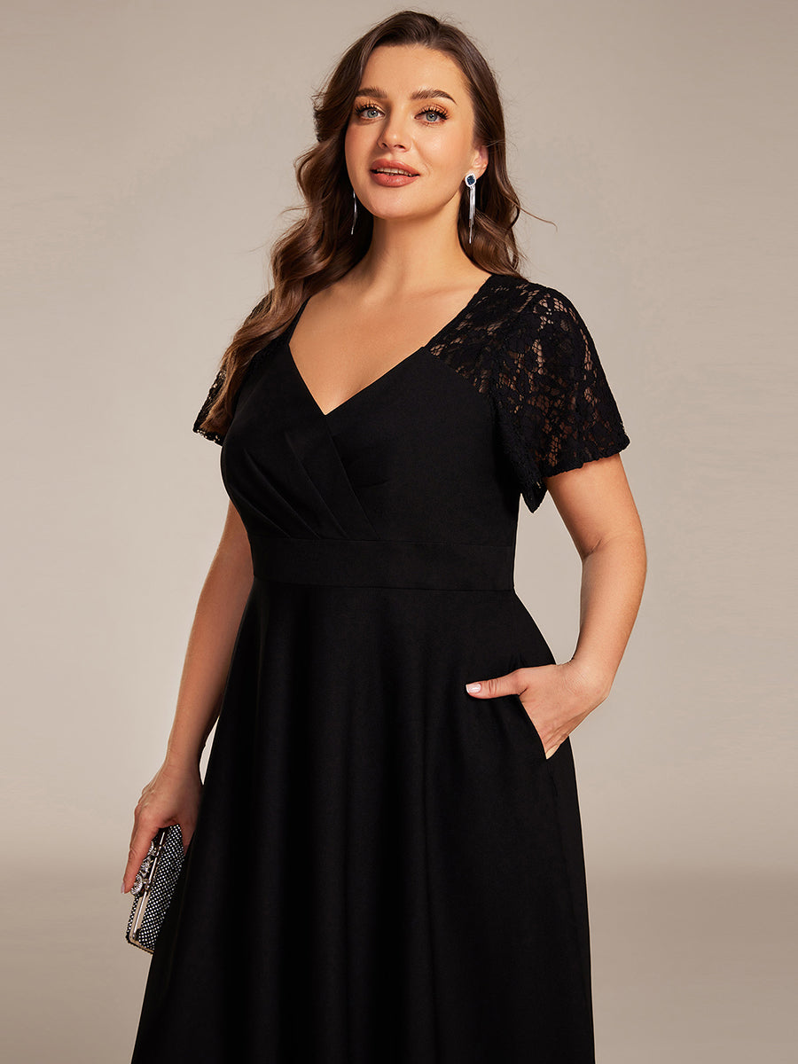 Robe d'invité de mariage mi-longue à col en cœur et manches courtes ajourées avec poches #color_Black