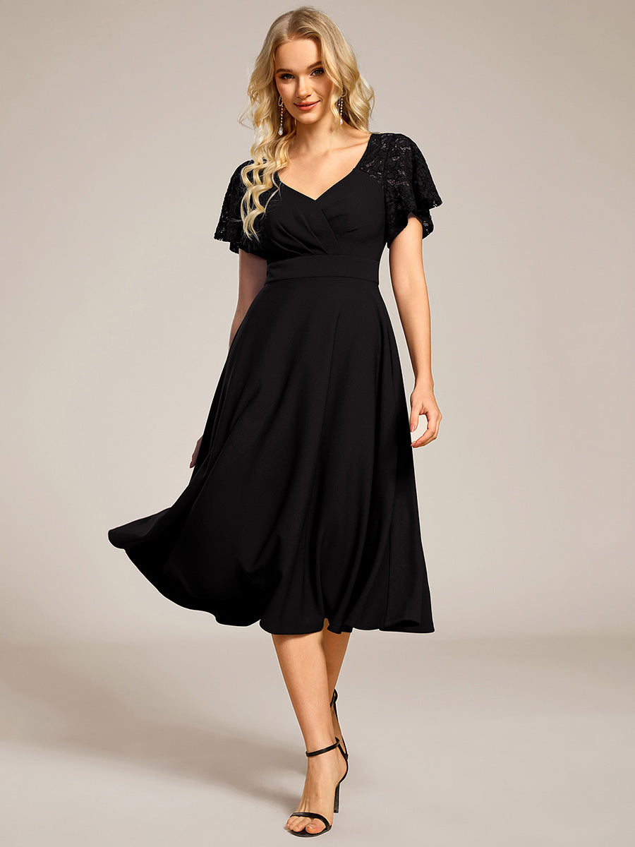 Robe d'invité de mariage mi-longue à col en cœur et manches courtes ajourées avec poches #color_Black