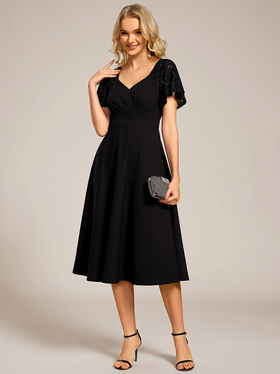 Robe d'invité de mariage mi-longue à col en cœur et manches courtes ajourées avec poches #color_Black