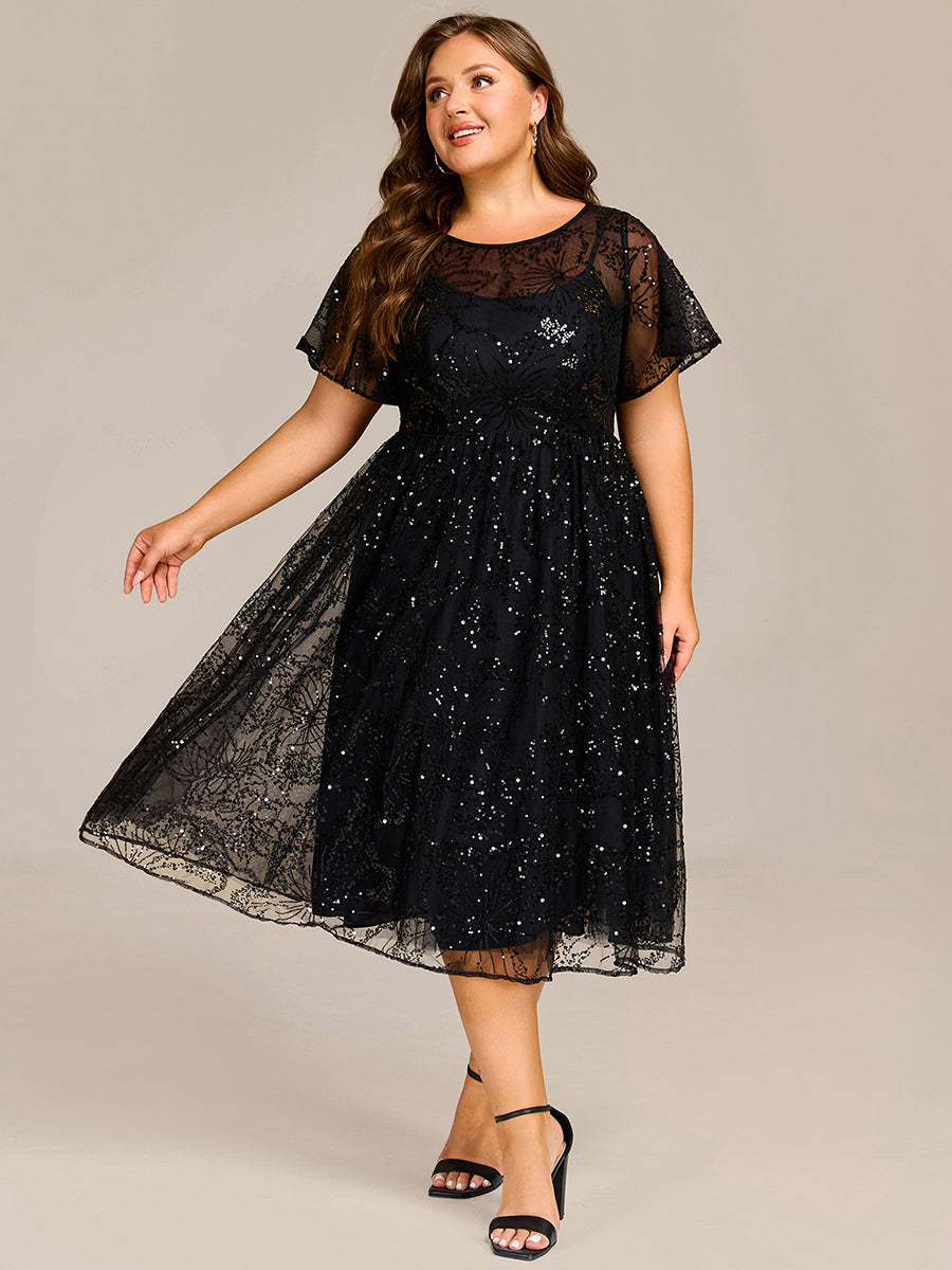 Robe d'invité de mariage trapèze en mousseline fluide à encolure ronde et longueur au genou #Couleur_Noir