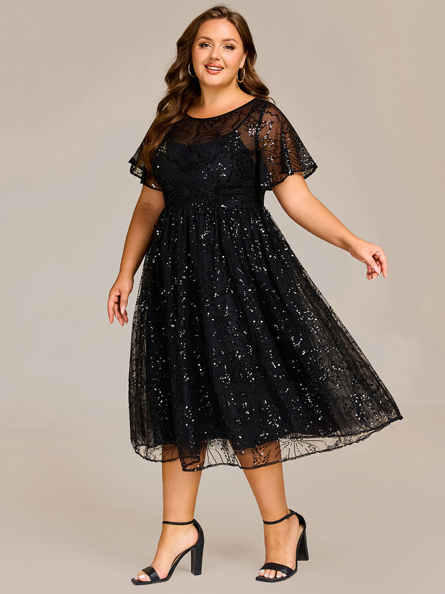 Robe d'invité de mariage trapèze en mousseline fluide à encolure ronde et longueur au genou #Couleur_Noir