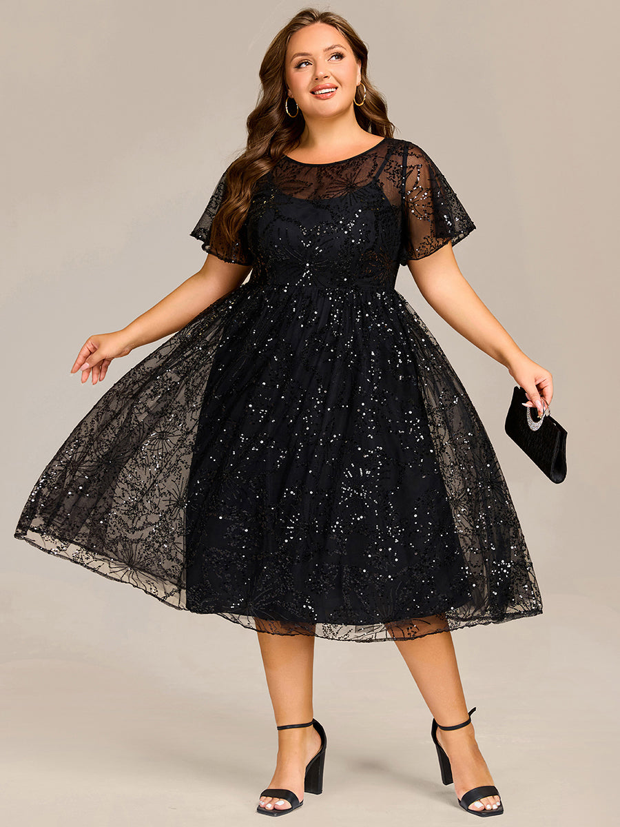 Robe d'invité de mariage trapèze en mousseline fluide à encolure ronde et longueur au genou #Couleur_Noir