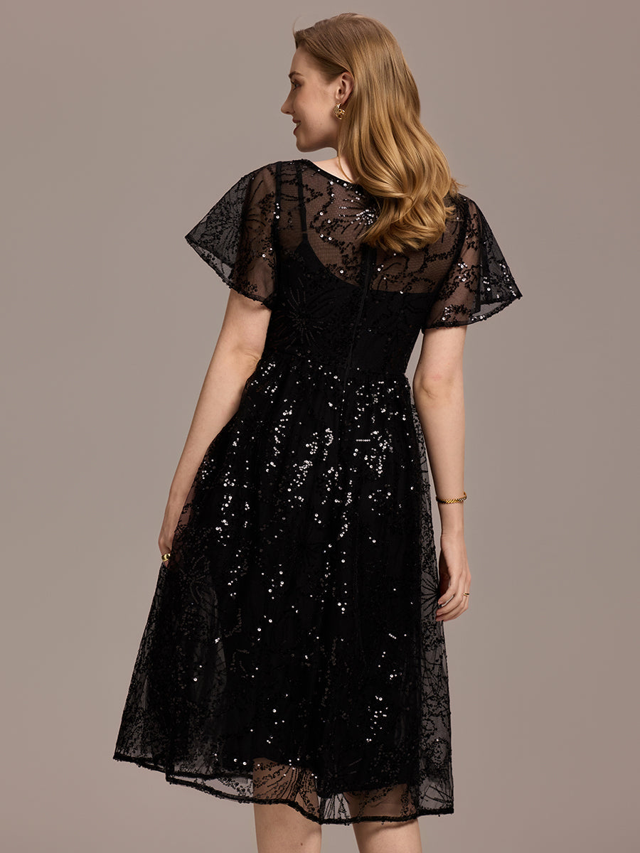 Robe d'invité de mariage trapèze en mousseline fluide à encolure ronde et longueur au genou #Couleur_Noir