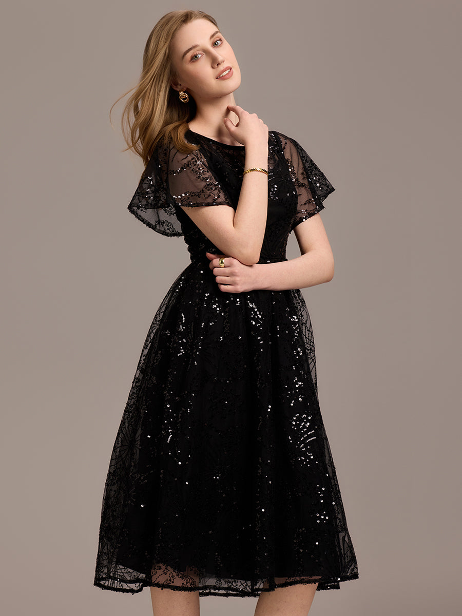 Robe d'invité de mariage trapèze en mousseline fluide à encolure ronde et longueur au genou #Couleur_Noir