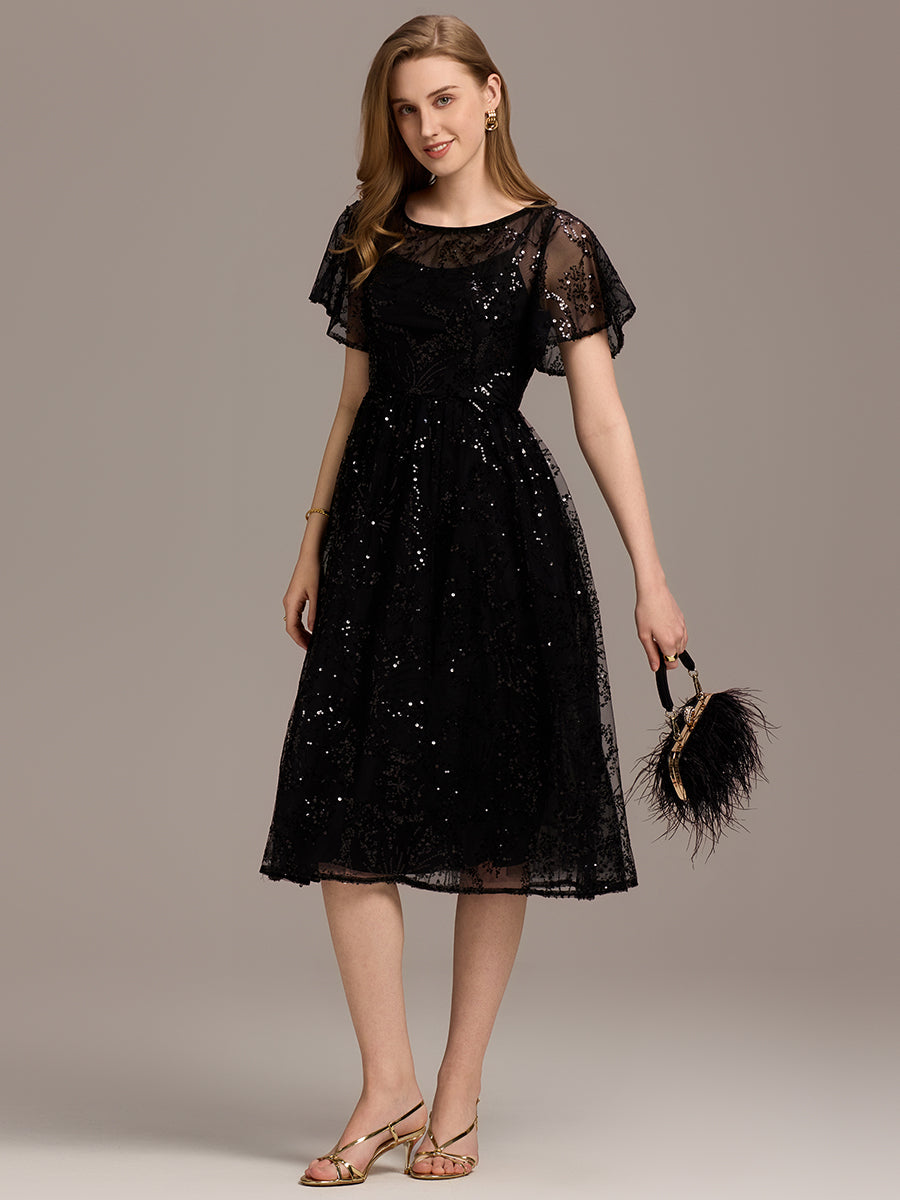 Robe d'invité de mariage trapèze en mousseline fluide à encolure ronde et longueur au genou #Couleur_Noir