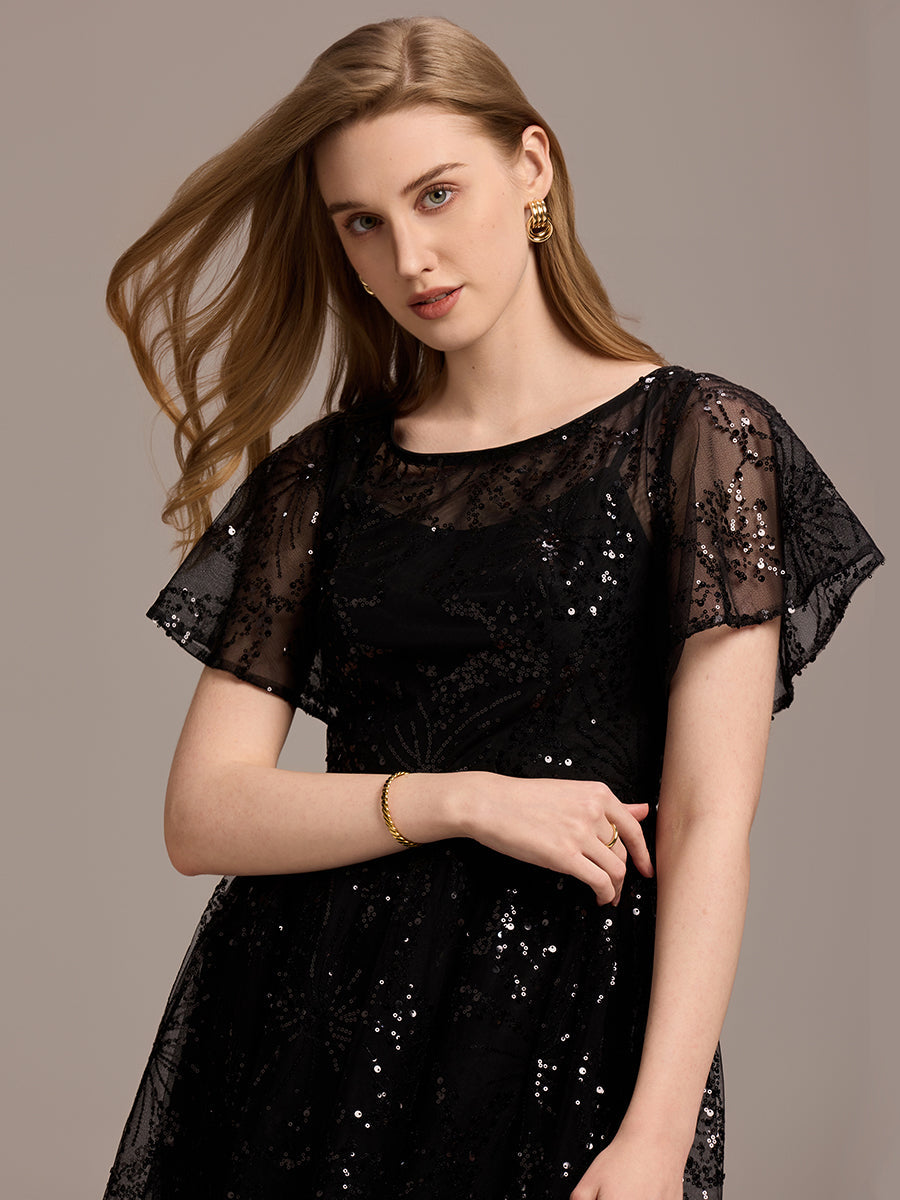 Robe d'invité de mariage trapèze en mousseline fluide à encolure ronde et longueur au genou #Couleur_Noir