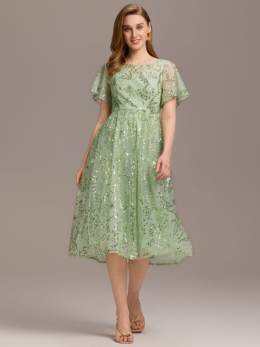 Robe d'invité de mariage trapèze en mousseline fluide à encolure ronde et longueur au genou #Couleur_Or