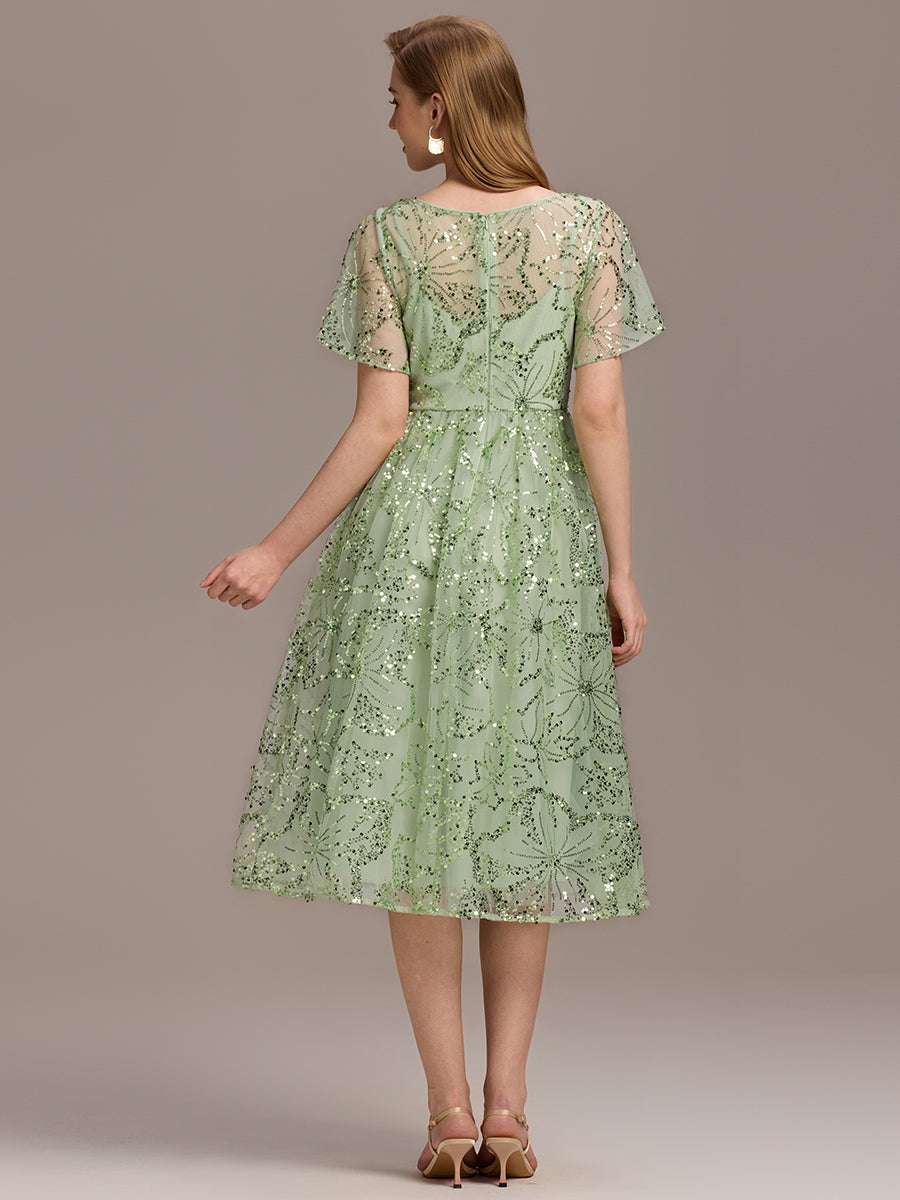 Robe d'invité de mariage trapèze en mousseline fluide à encolure ronde et longueur au genou #Couleur_Or