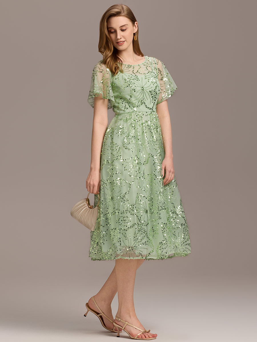 Robe d'invité de mariage trapèze en mousseline fluide à encolure ronde et longueur au genou #Couleur_Or