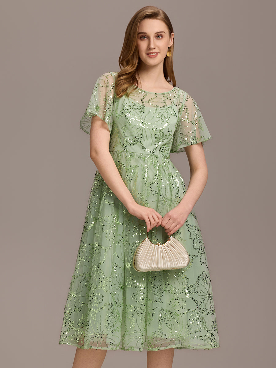Robe d'invité de mariage trapèze en mousseline fluide à encolure ronde et longueur au genou #Couleur_Or