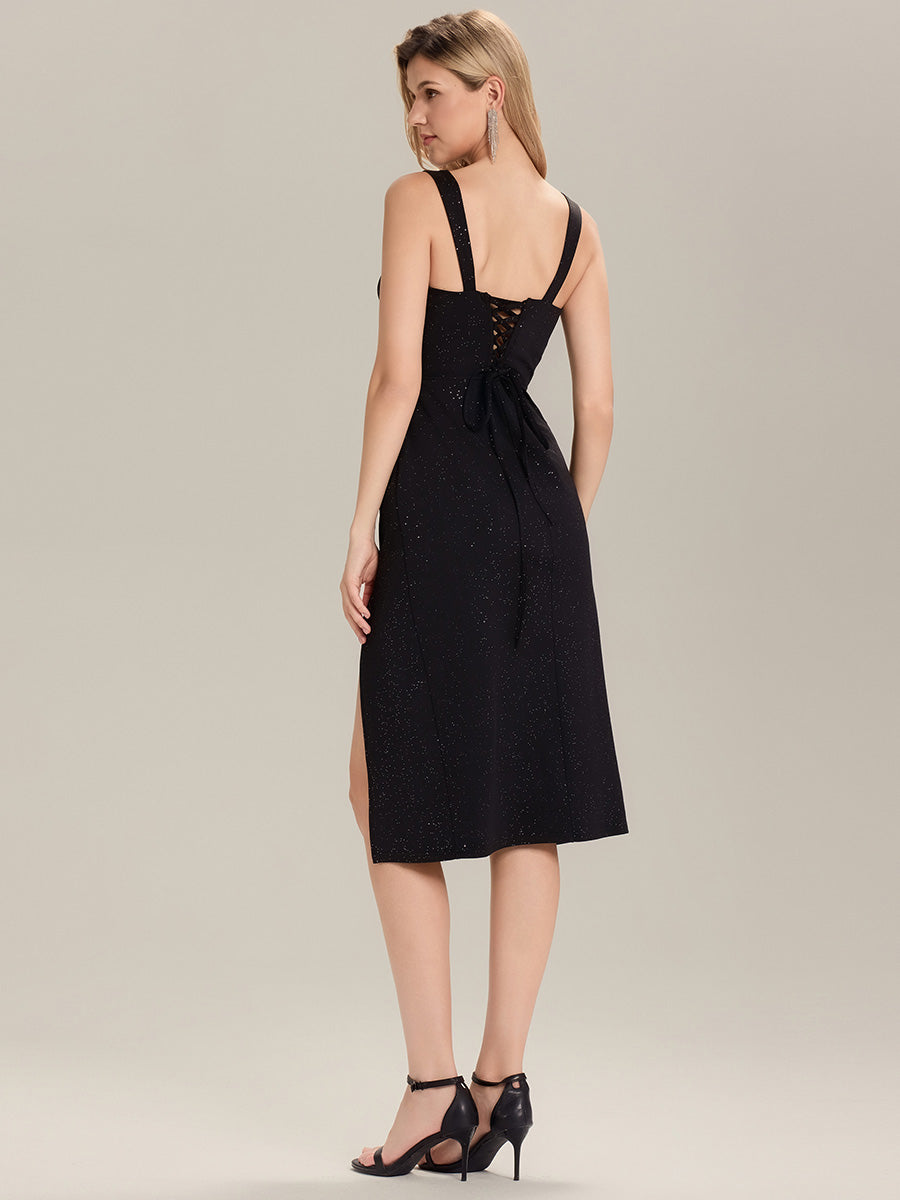 Robe d'invitée de mariage sans manches en tricot à nouer sur le devant #Couleur_Noir