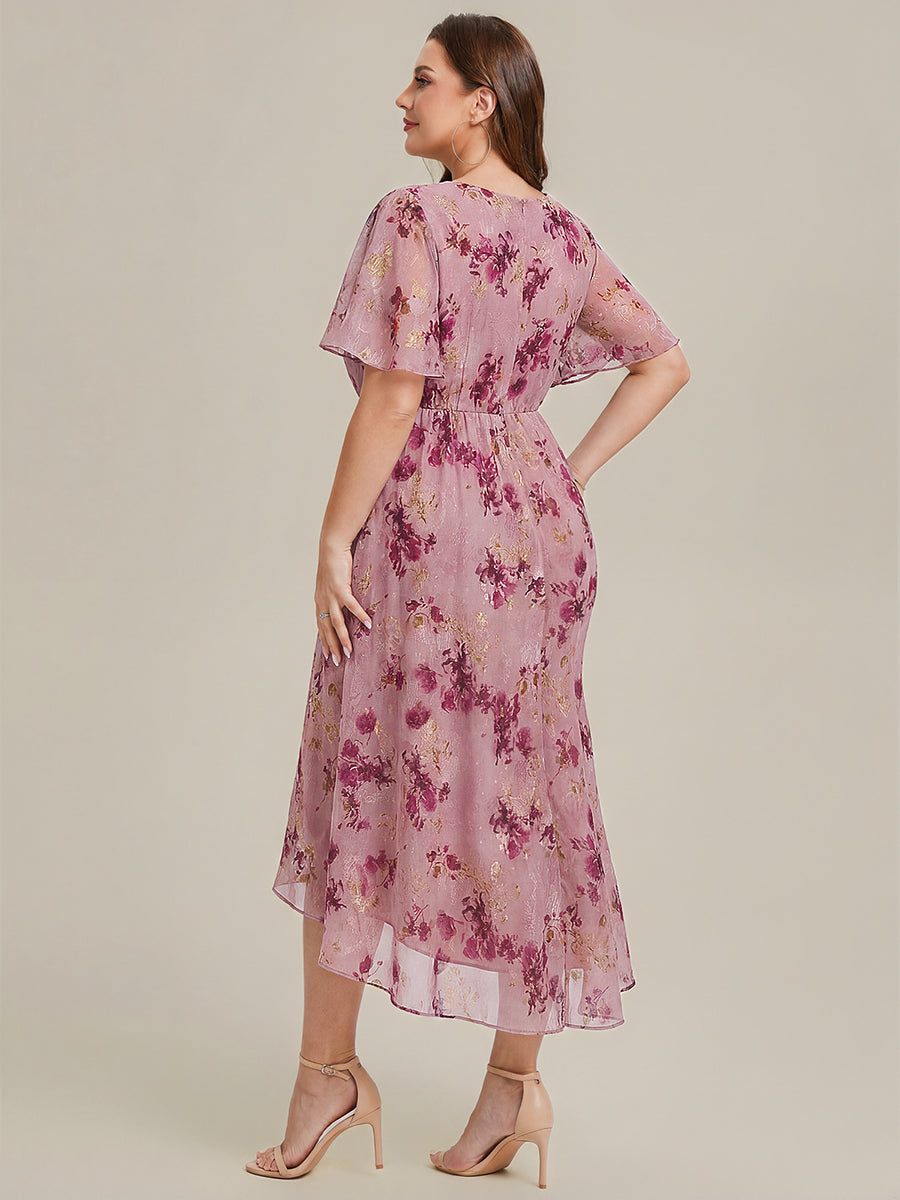 Robe d'invité de mariage trapèze en mousseline fluide à encolure ronde et longueur au genou #Couleur_Imprimé Violet Clair