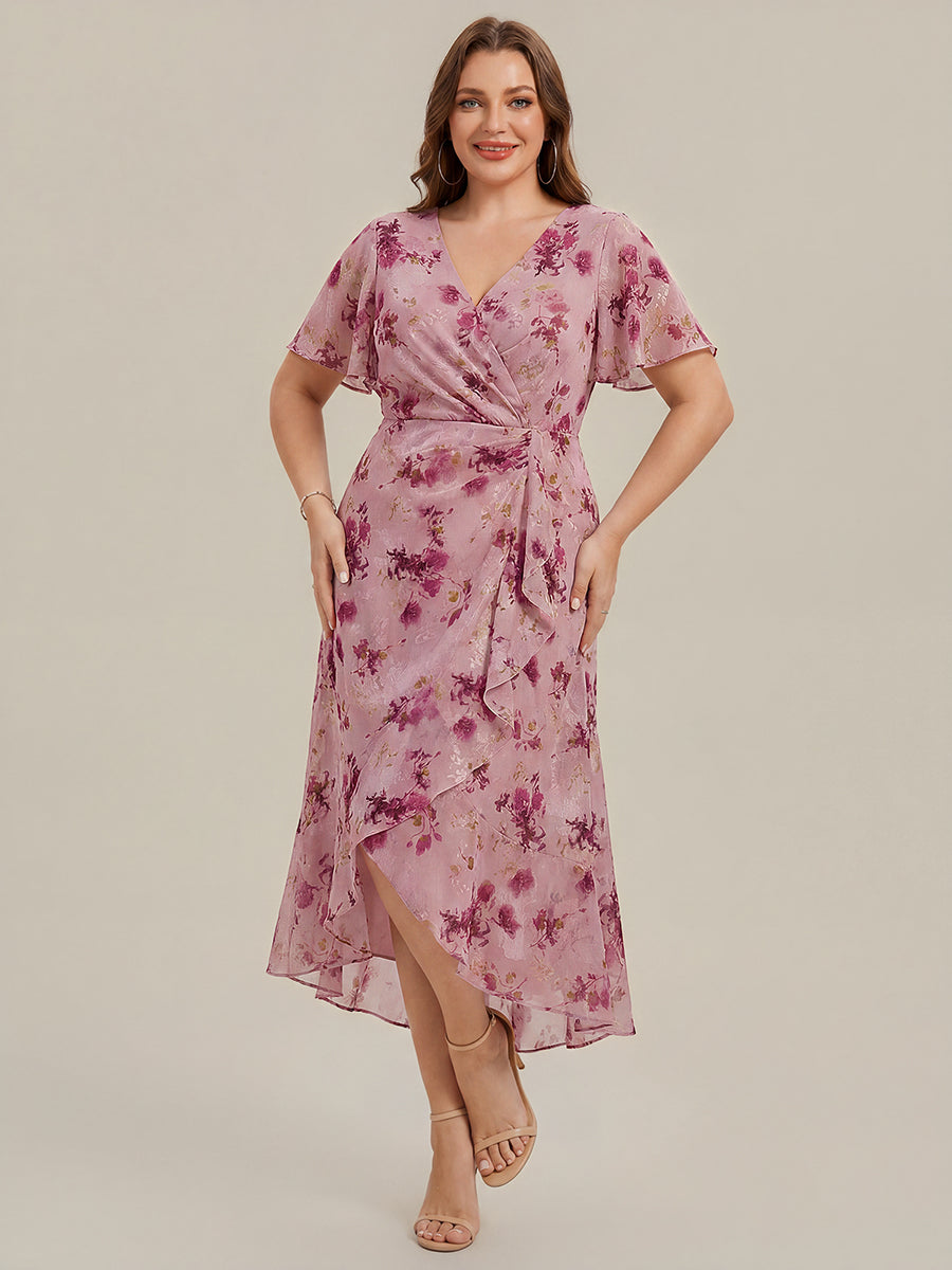 Robe d'invité de mariage trapèze en mousseline fluide à encolure ronde et longueur au genou #Couleur_Imprimé Violet Clair