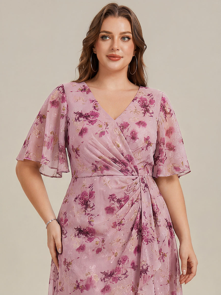 Robe d'invité de mariage trapèze en mousseline fluide à encolure ronde et longueur au genou #Couleur_Imprimé Violet Clair