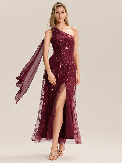 Robe d'invitée de mariage à une épaule et à paillettes avec rubans fluides