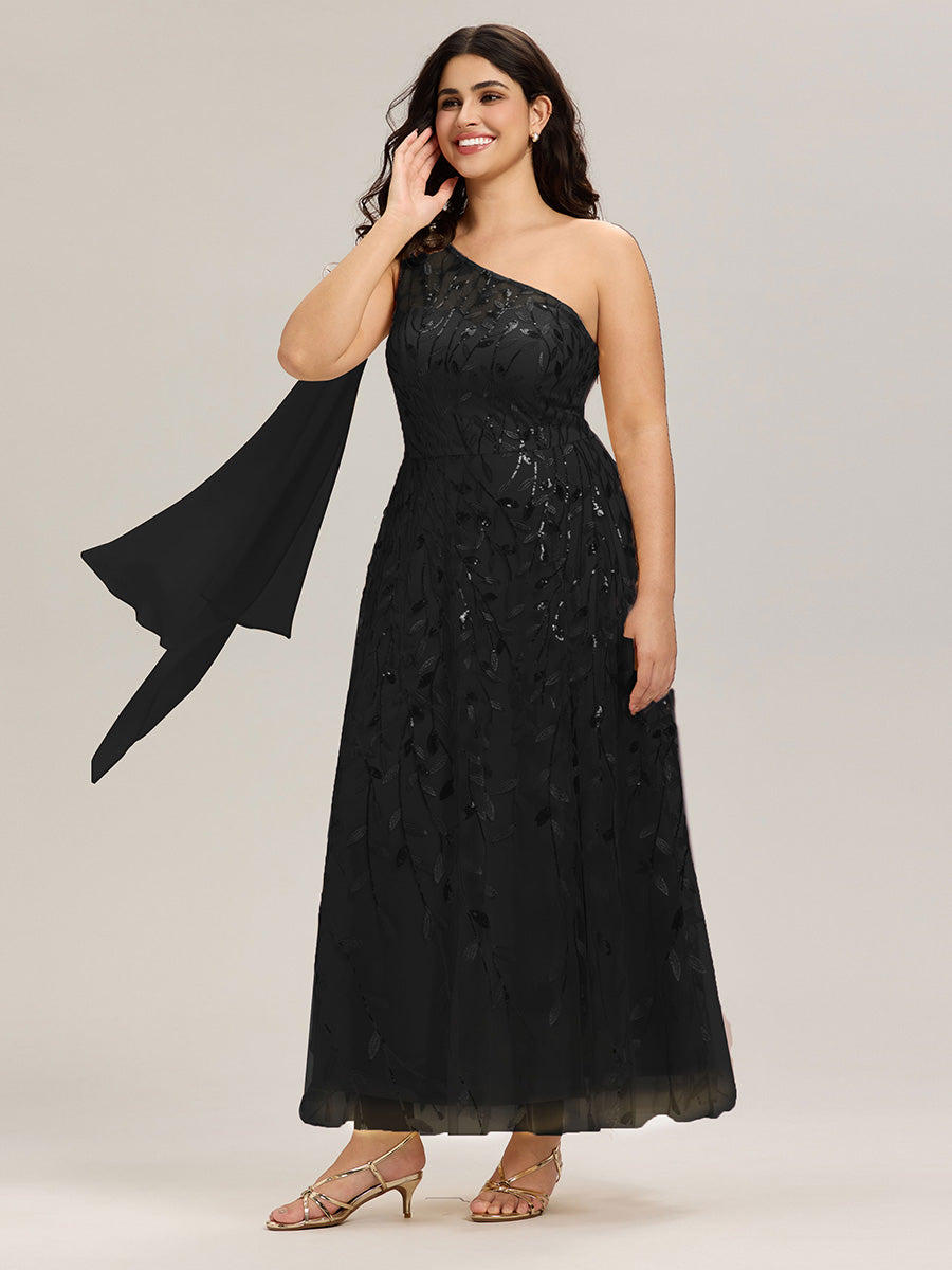 Robe d'invitée de mariage à une épaule et à paillettes avec rubans fluides #Couleur_Noir