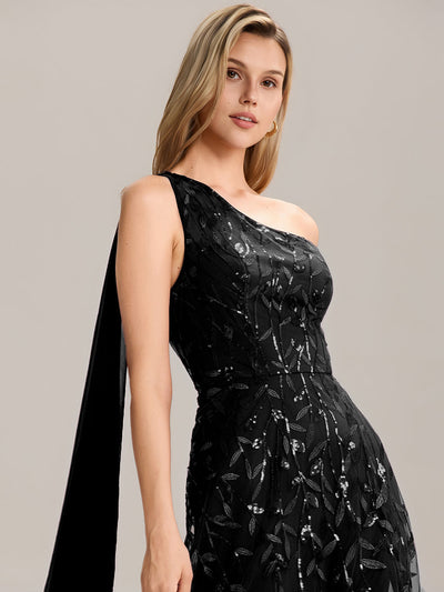 Robe d'invitée de mariage à une épaule et à paillettes avec rubans fluides