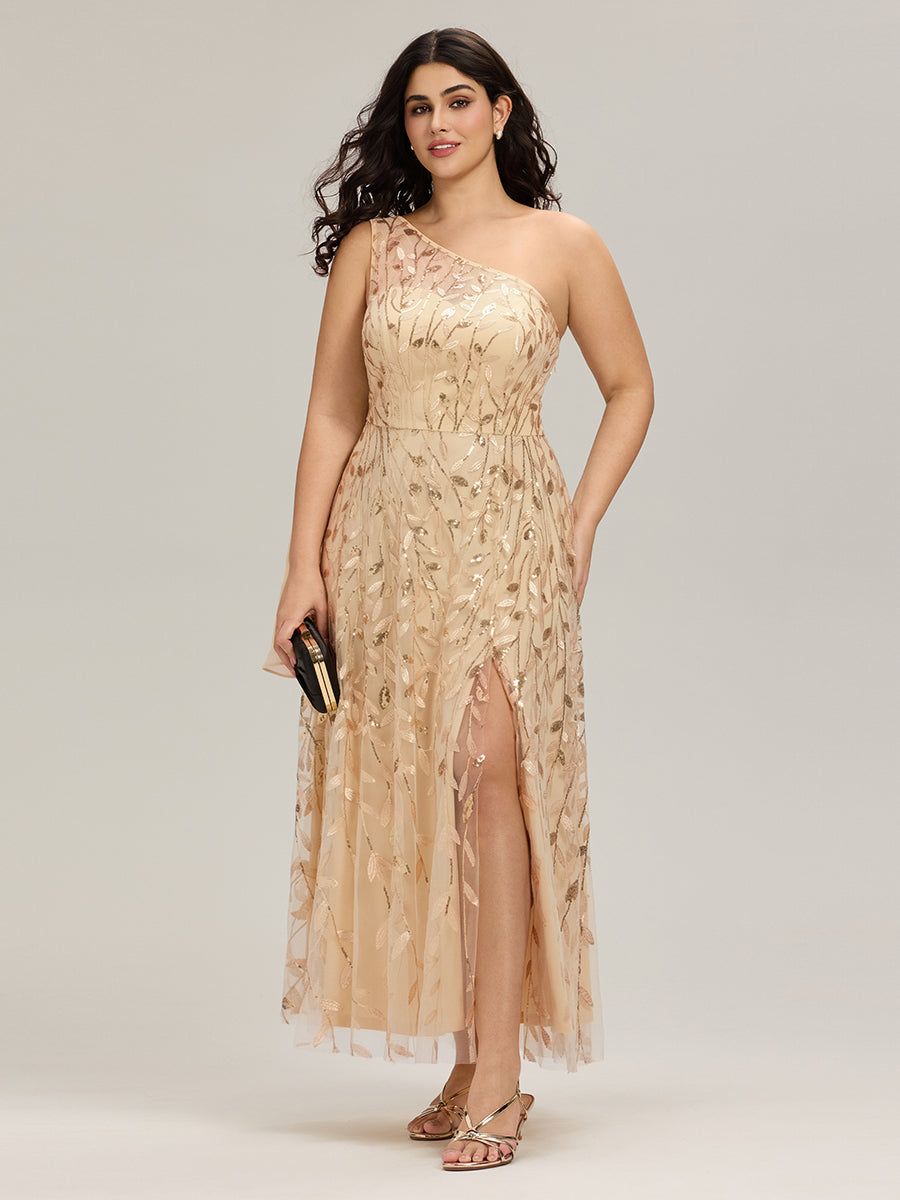 Robe d'invitée de mariage à une épaule et à paillettes avec rubans fluides #Couleur_Dorée