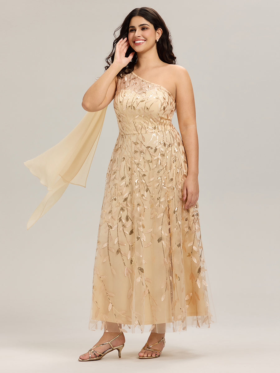 Robe d'invitée de mariage à une épaule et à paillettes avec rubans fluides #Couleur_Dorée
