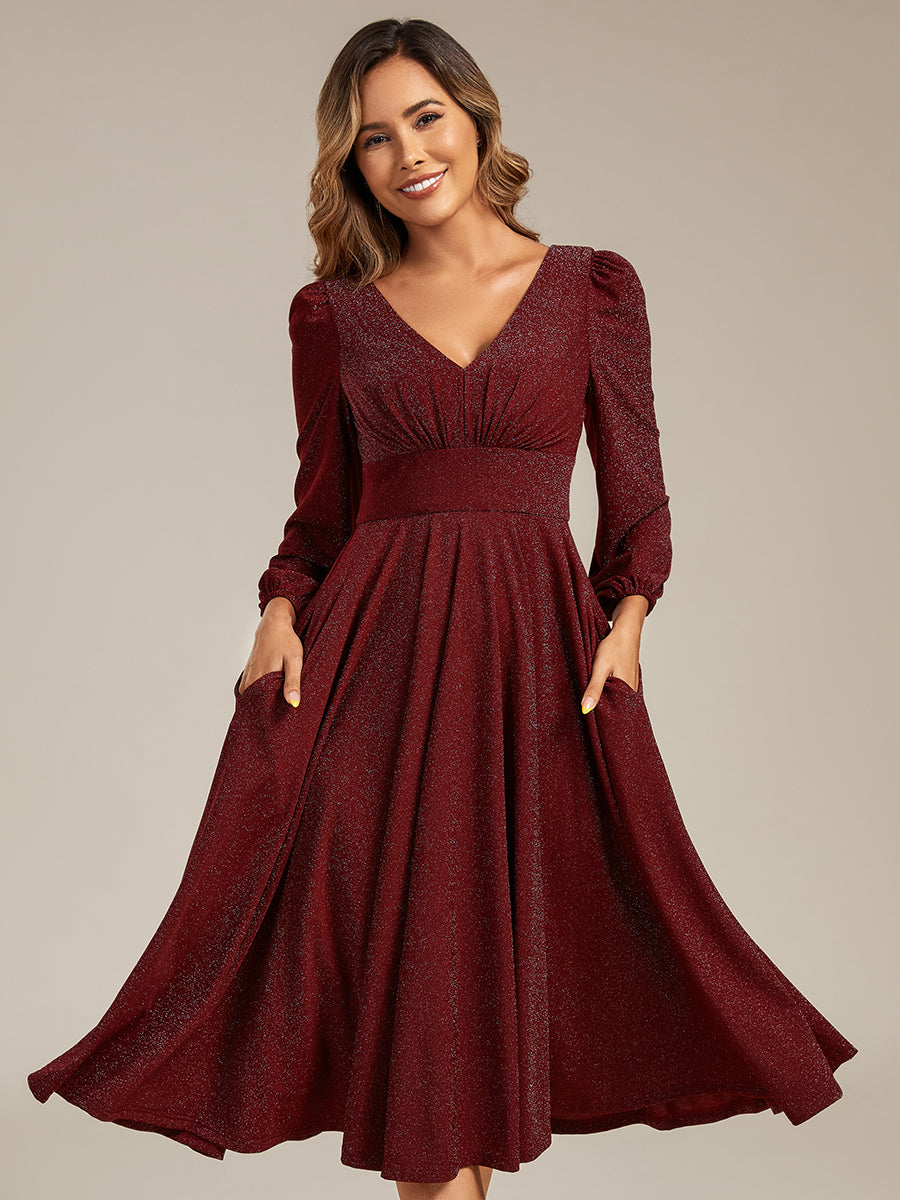 Robe d'invité mi-longue à manches longues lanternes #color_Bordeaux