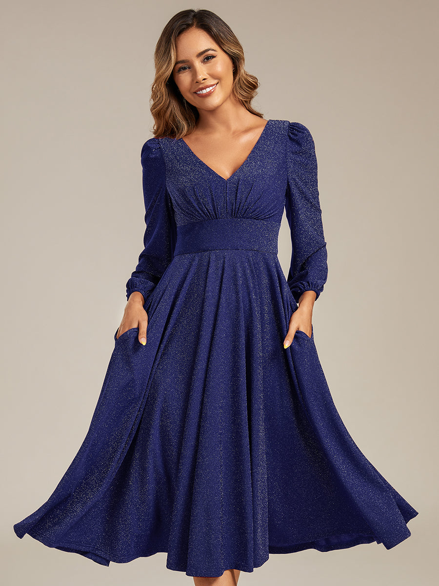 Robe d'invité mi-longue à manches longues lanternes #color_Bleu Marine