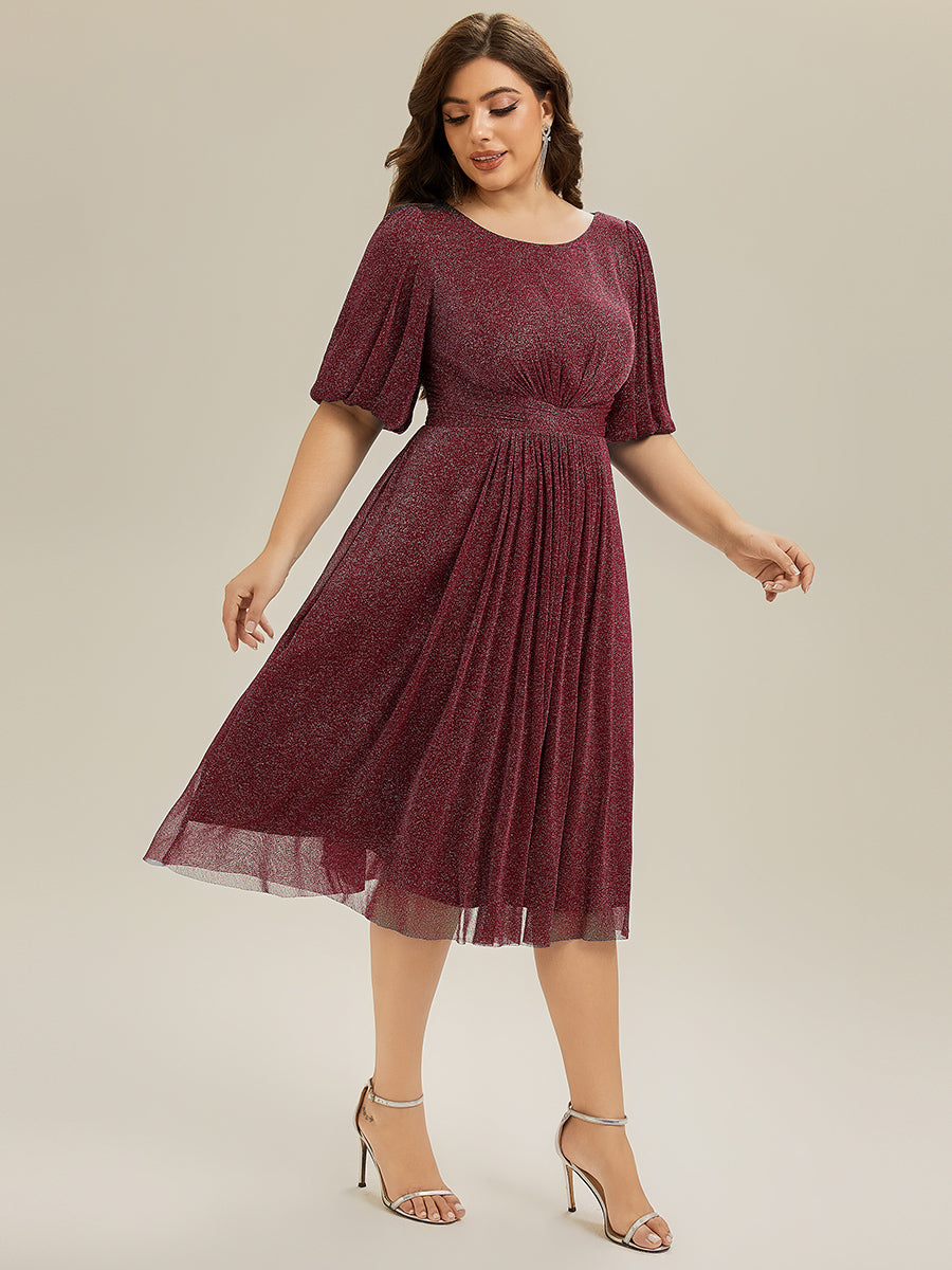 Robe d'invité de mariage midi à encolure ronde à manches courtes et taille froncée #Couleur_Bordeaux