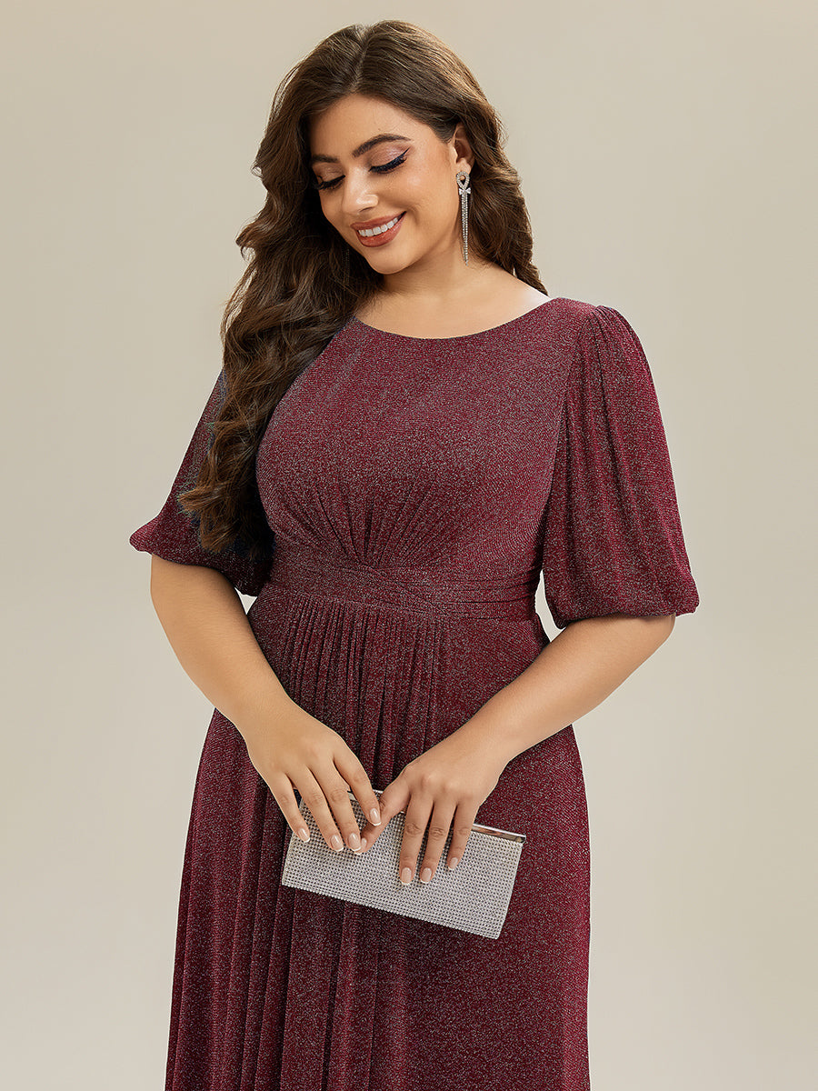 Robe d'invité de mariage midi à encolure ronde à manches courtes et taille froncée #Couleur_Bordeaux