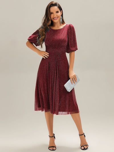 ever MARIS|Robe d'invité de mariage midi à encolure ronde à manches courtes et taille froncée(Vente Finale)