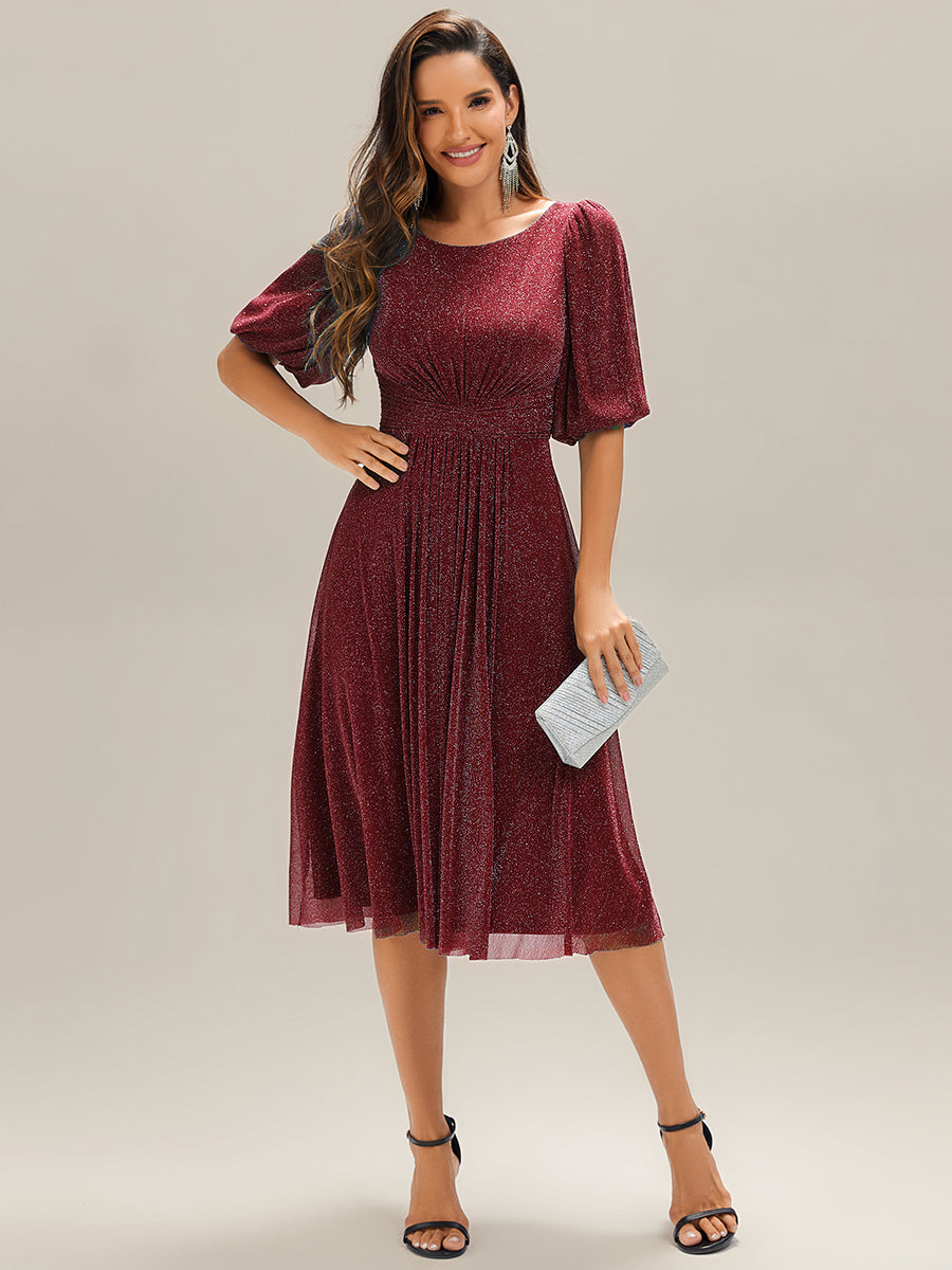 Robe d'invité de mariage midi à encolure ronde à manches courtes et taille froncée #Couleur_Bordeaux