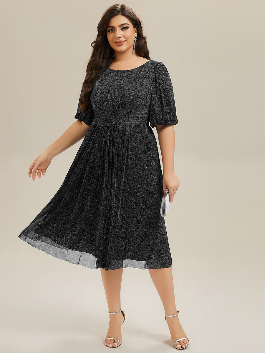 Robe d'invité de mariage midi à encolure ronde à manches courtes et taille froncée #Couleur_Noir