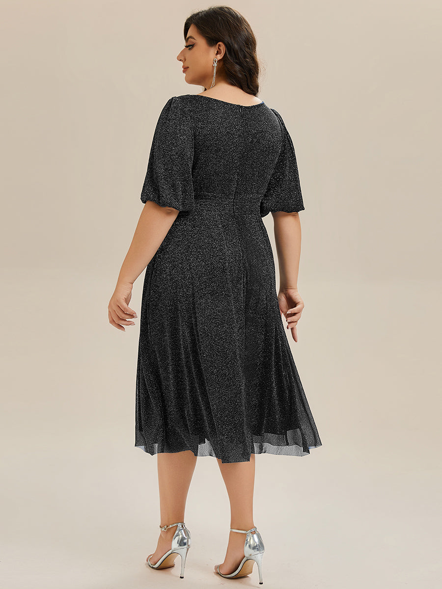 Robe d'invité de mariage midi à encolure ronde à manches courtes et taille froncée #Couleur_Noir