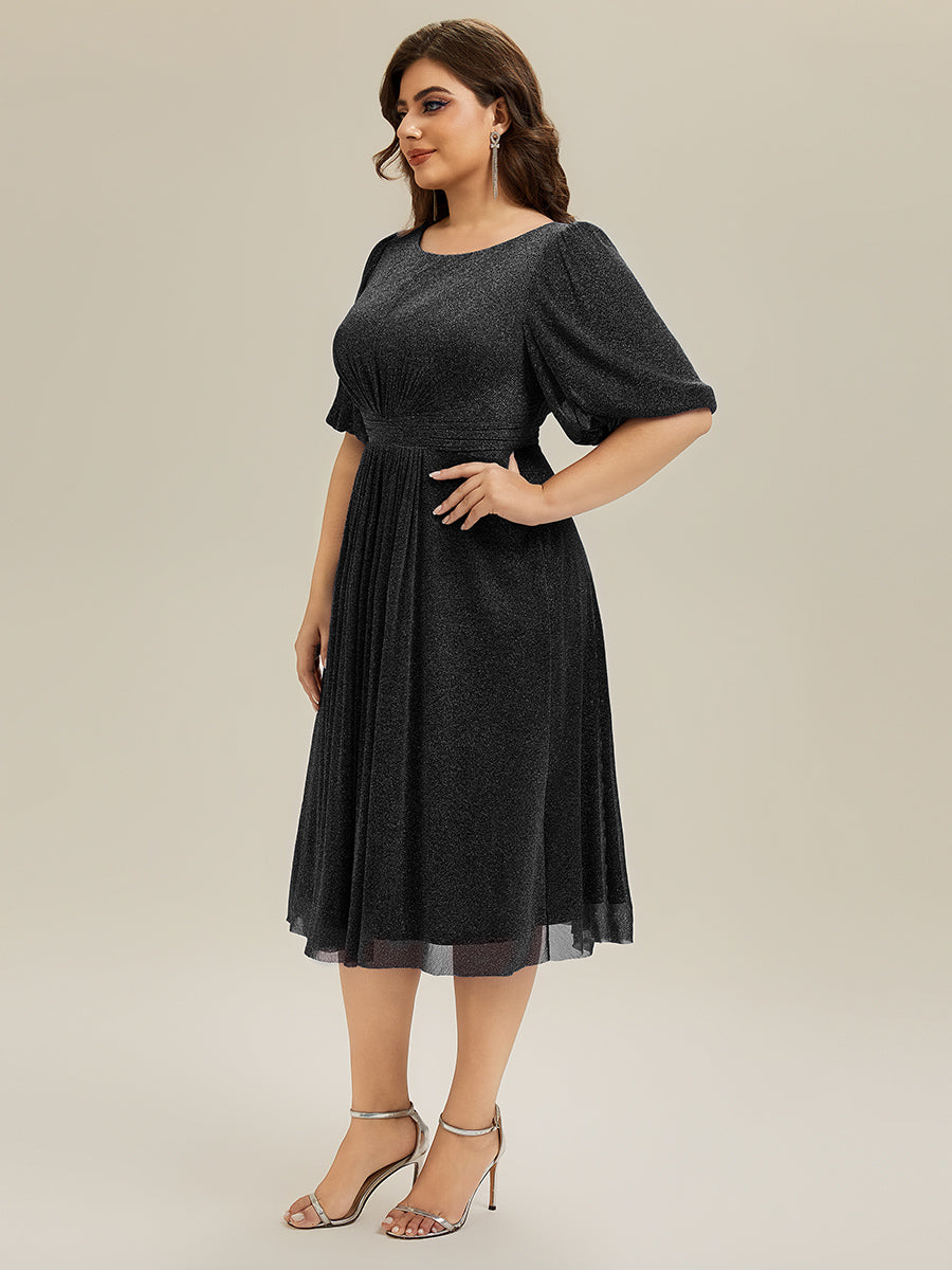 Robe d'invité de mariage midi à encolure ronde à manches courtes et taille froncée #Couleur_Noir