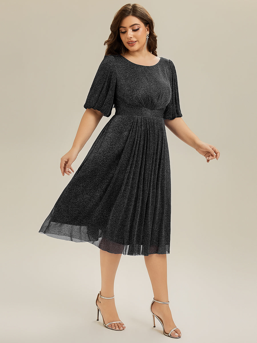 Robe d'invité de mariage midi à encolure ronde à manches courtes et taille froncée #Couleur_Noir