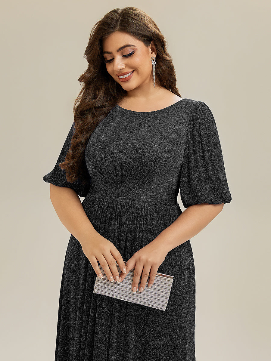 Robe d'invité de mariage midi à encolure ronde à manches courtes et taille froncée #Couleur_Noir