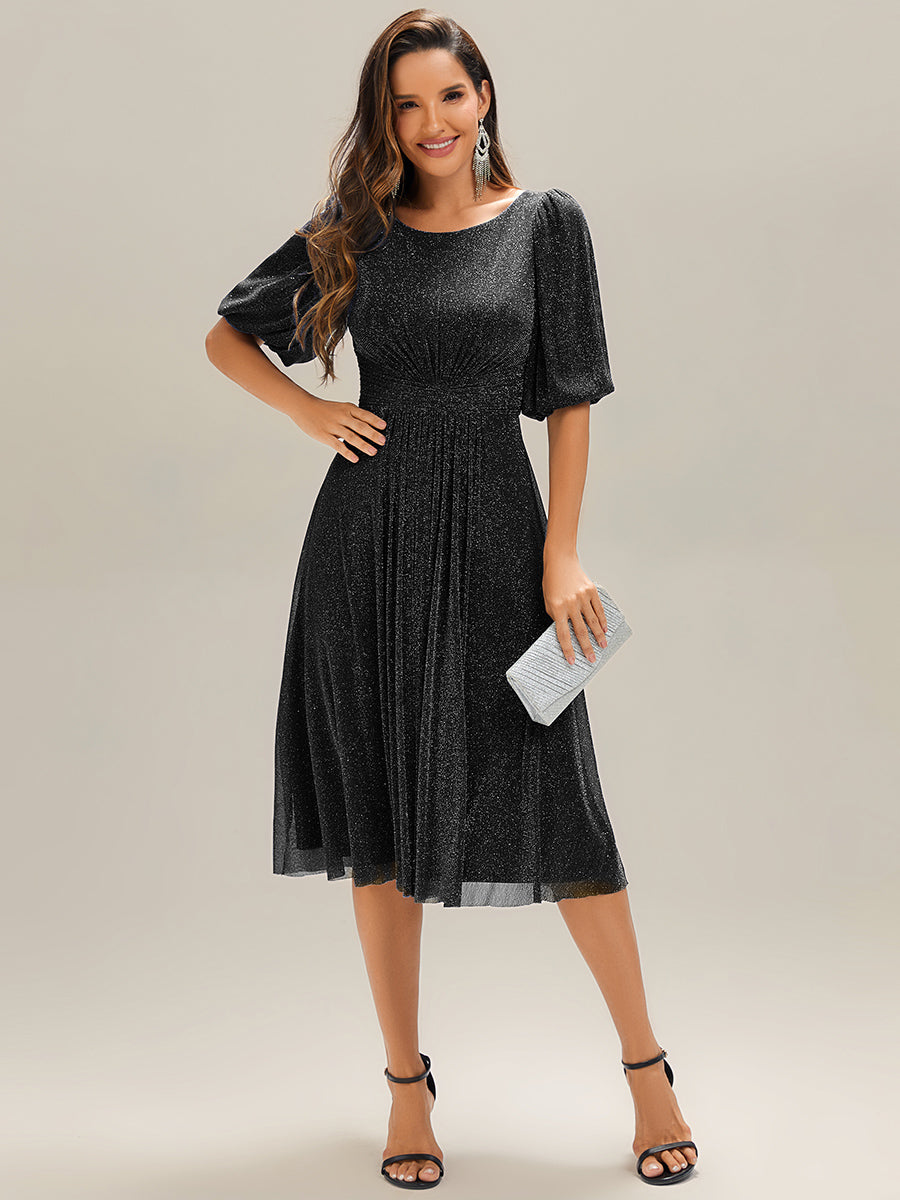 Robe d'invité de mariage midi à encolure ronde à manches courtes et taille froncée #Couleur_Noir