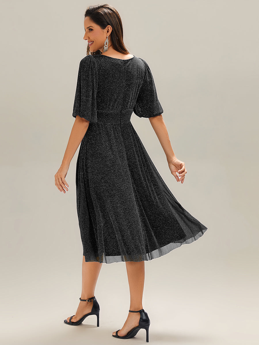 Robe d'invité de mariage midi à encolure ronde à manches courtes et taille froncée #Couleur_Noir