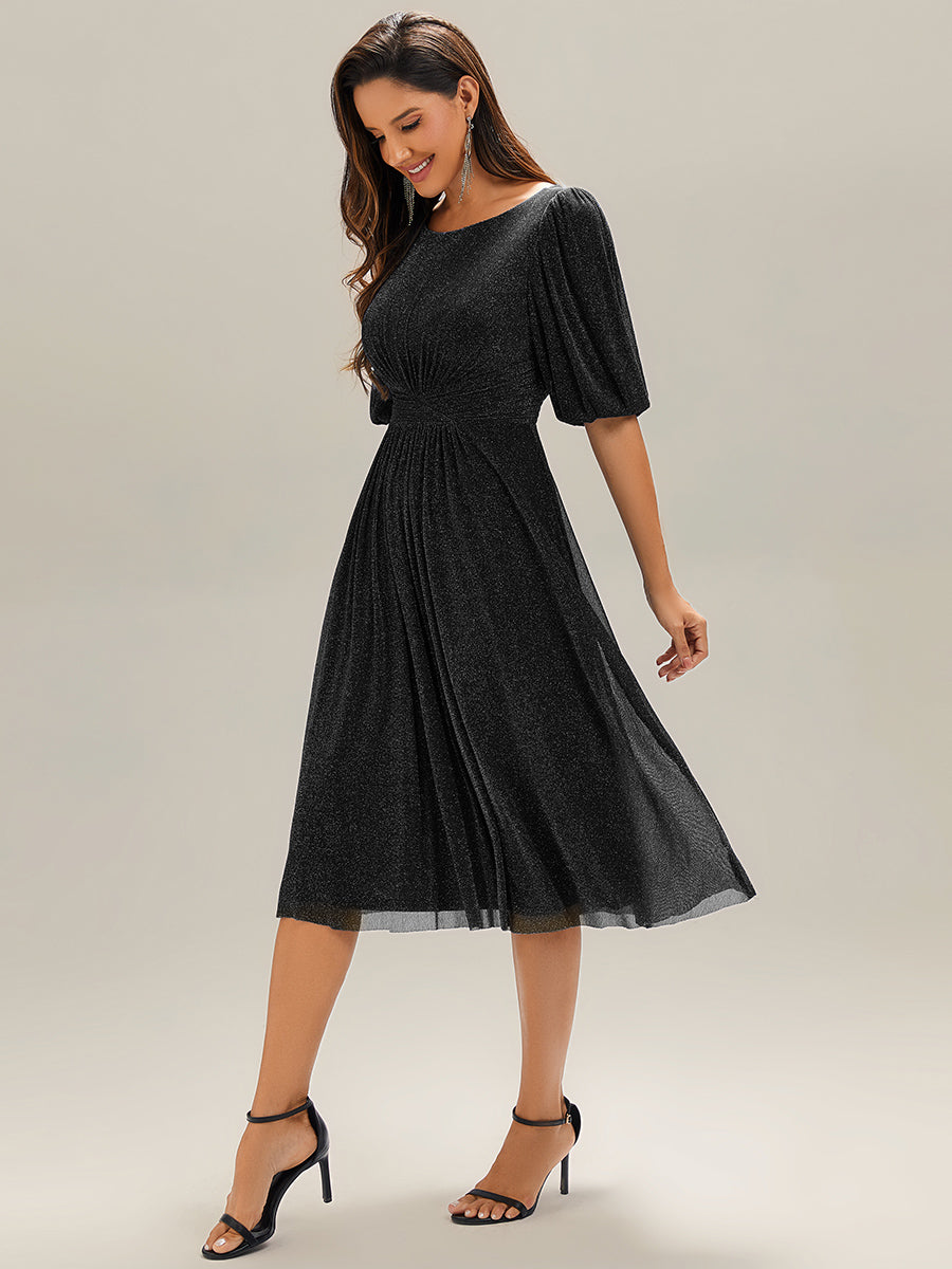Robe d'invité de mariage midi à encolure ronde à manches courtes et taille froncée #Couleur_Noir