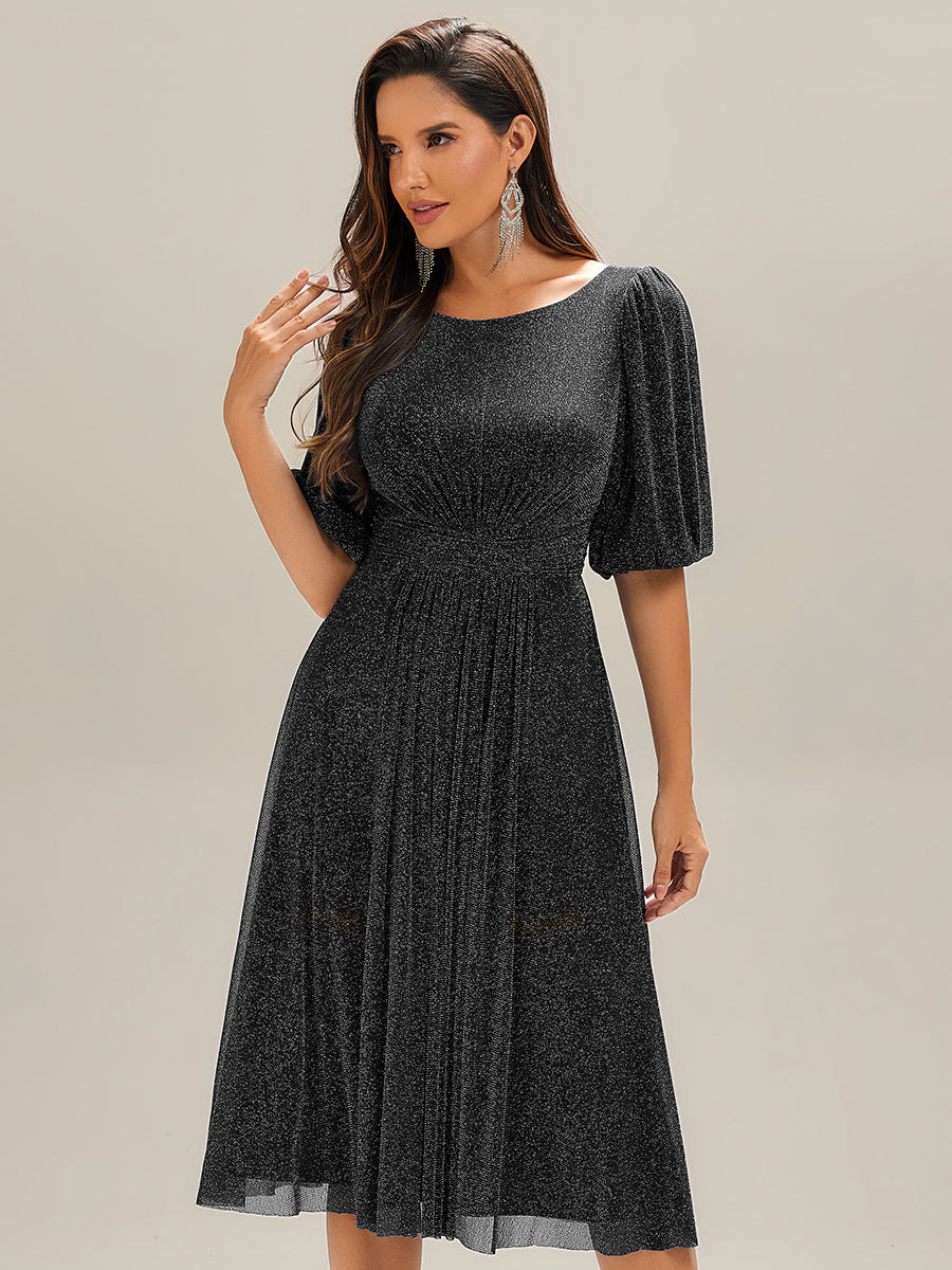 Robe d'invité de mariage midi à encolure ronde à manches courtes et taille froncée #Couleur_Noir