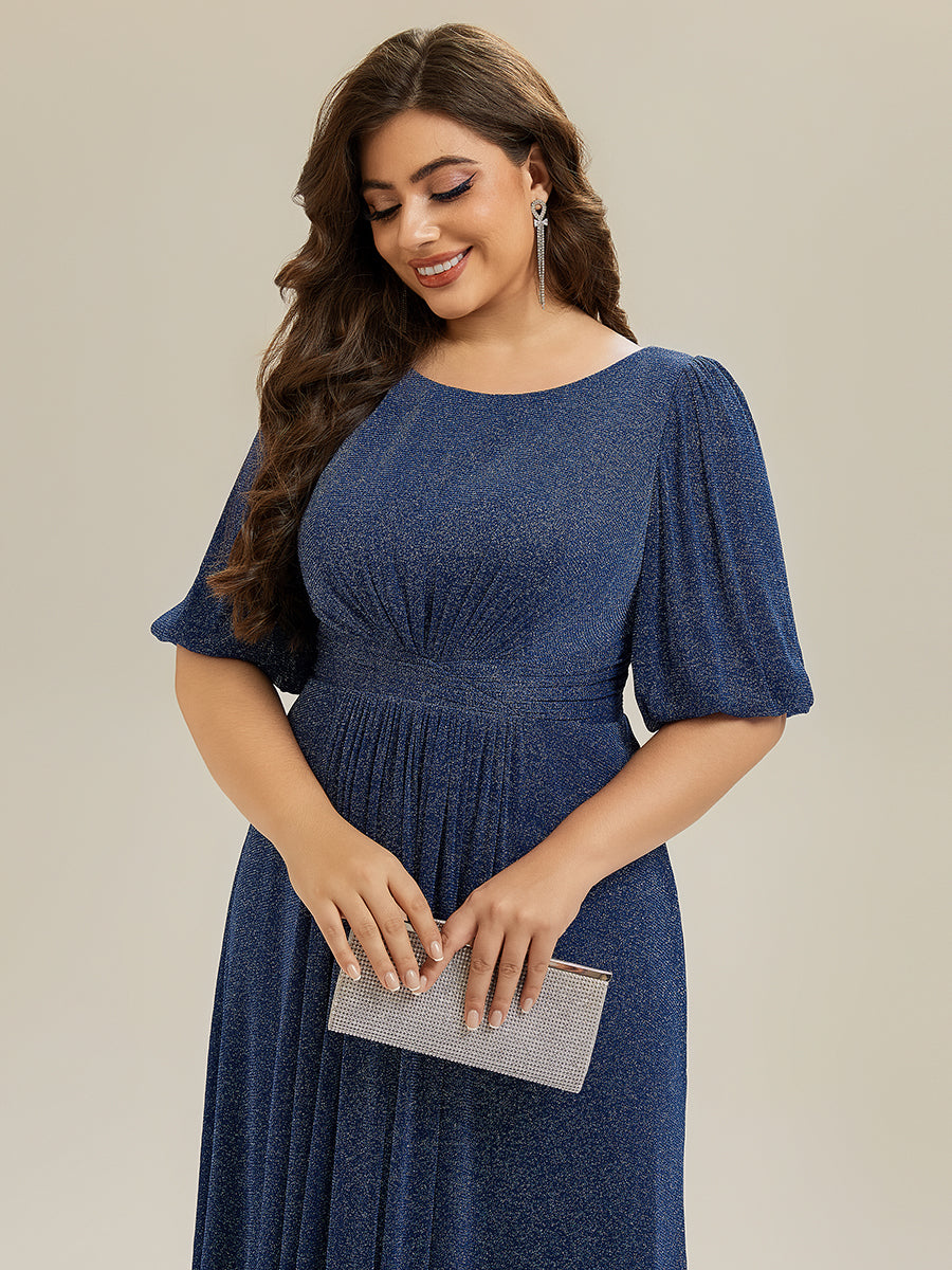 Robe d'invité de mariage midi à encolure ronde à manches courtes et taille froncée #Couleur_Bleu Marine